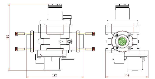 Размеры регулятора FRG/2MBCZ DN25 с фланцами (опция KIT-DN25 FRG) или переходной муфтой и накидной гайкой (опция - RD-0177)