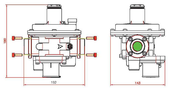  Размеры регулятора FRG/2MBZ DN25 с фланцами (опция KIT-DN25 FRG) или переходной муфтой и накидной гайкой (опция RD-0177)